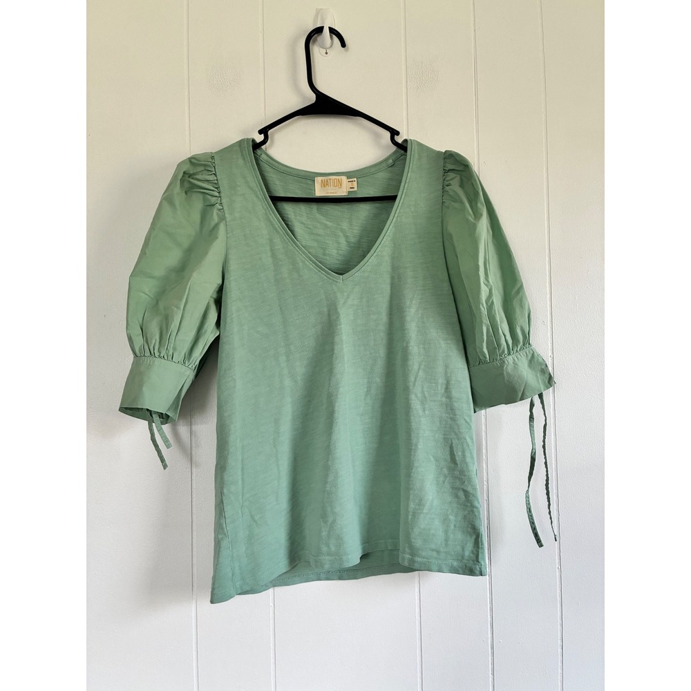 Nation LTD Women Sage Green Cotton Puff Sleeve V-Neck Top Size S Tie Cuff Mixed